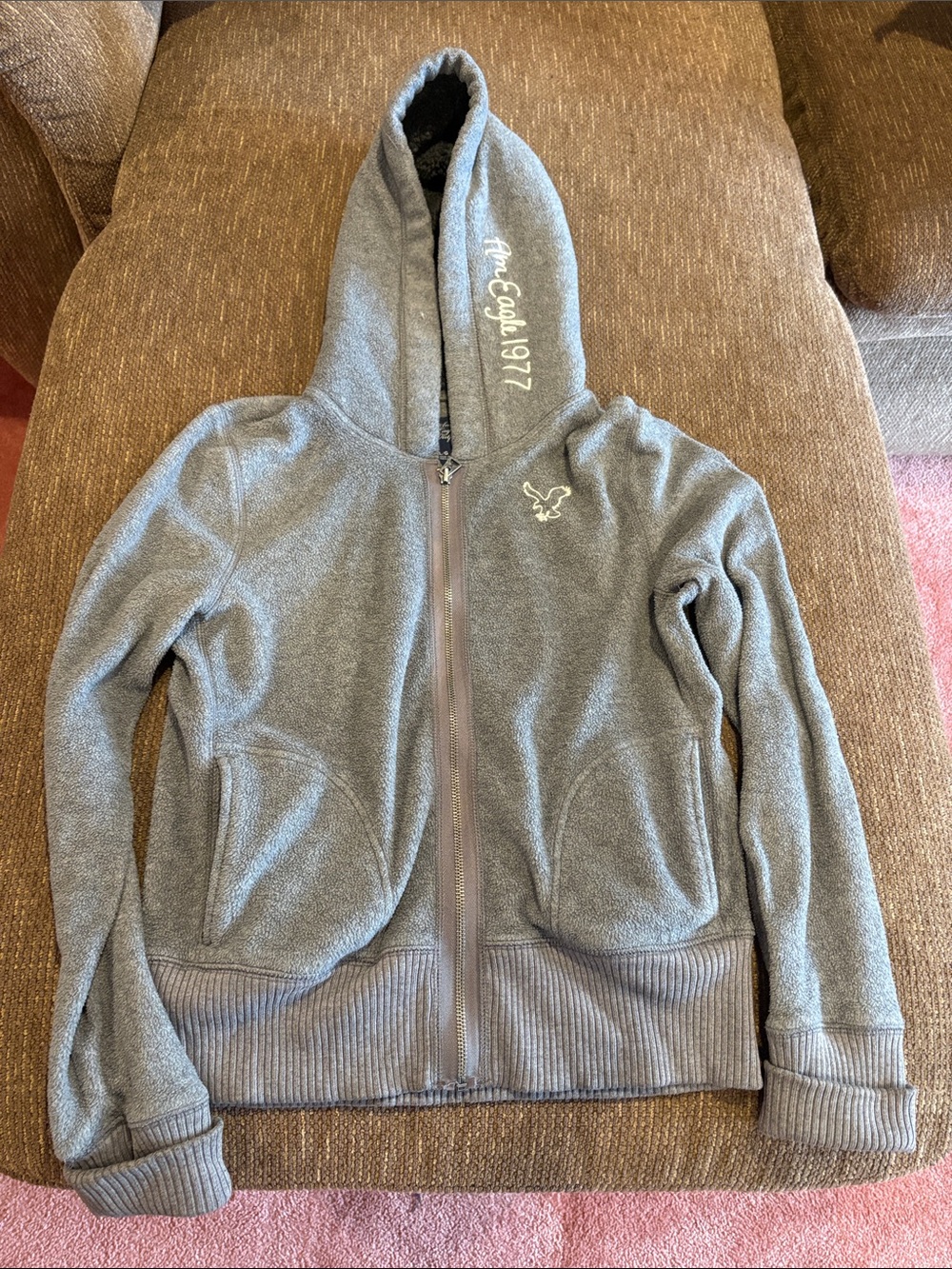 American Eagle Outfitters Gray Zippered Hooded Sweatshirt with Hood Script